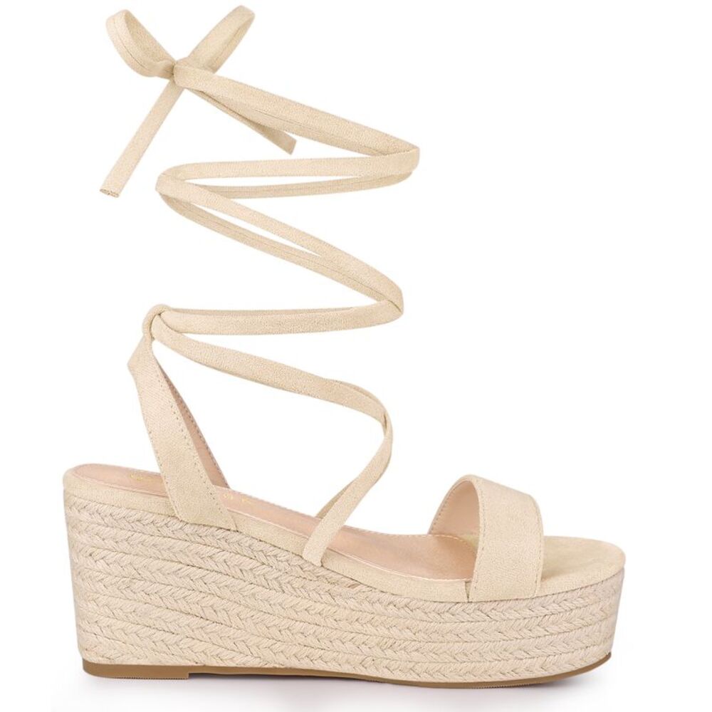 Women's Lace Up Wedge Heel Platform Slingback Strappy Sandals Beige - Picture 6 of 6